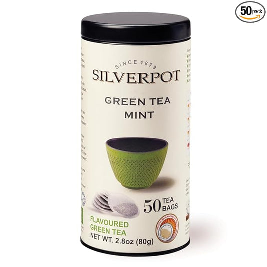 Silverpot Green Tea & Mint - 50 Round Tea Bags | 100% Natural, Peppermint | Caffeinated | Antioxidant Rich | Reusable Tin