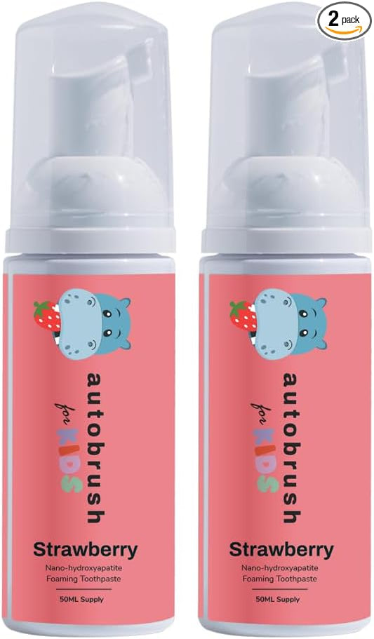 Autobrush Fluoride-Free Foaming Toothpaste for Kids, Strawberry Flavor, Whitening & Deep Cleaning, Travel Friendly, Anti-Cavity (Pack of 2)