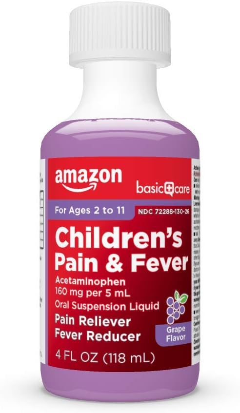 Amazon Basic Care Children's Acetaminophen 160 mg per 5 mL Oral Suspension, Grape Flavor, Pain Reliever and Fever Reducer for Headache, Sore Throat and Toothache, 4 fl oz (Pack of 1)