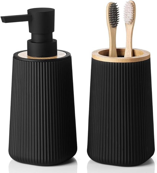 Bathroom Accessories 2 Piece Soap Dispenser and Toothbrush Holder Set Striped with Bamboo Decor Black