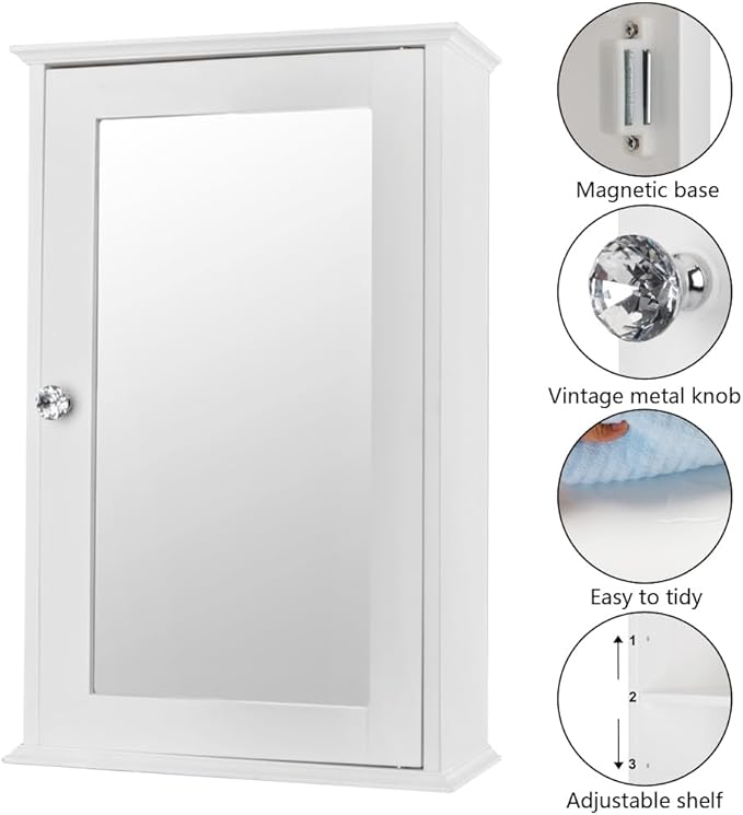 Bonnlo Bathroom Cabinet Wall Mount Mirrored Medicine Cabinet Storage Organizer with Single Door and 2 Adjustable Shelves White