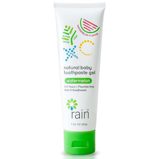Rain Natural Baby Fluoride Free Kids Toothpaste Gel - Safe to Swallow Infant Toddler Tooth Paste, 2.8 Oz, Babies Training, Ages 6 to 12 months and Up Vitamin C Watermelon Toothpaste for Kids 0-6 years