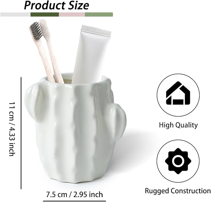 Ceramic Cactus Toothbrush Holder for Bathrooms，Toothpaste Holder Cute Toothbrush Holder Set,for Bathroom Counter and Desk Office Fun Decor Desk Organizer, Makeup Brush Holder -White