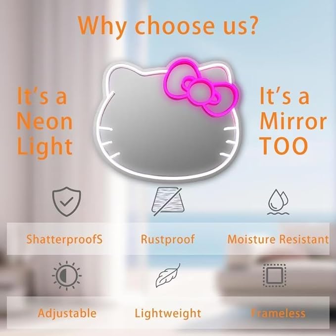 GALLIA Anime Hello Kit Mirror Vanity, Neon Mirror with Dimmable LED Lights, Perfect for Teen Girl Gift, Room Decor, 14.6" x 12.2"