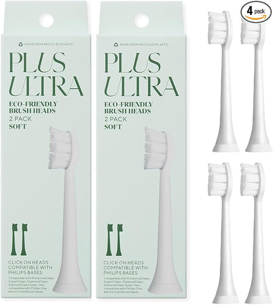 Plus Ultra Eco Friendly Toothbrush Replacement Heads 4 Pack | Designed for Sonic Powered Electric Toothbrushes | Made with Recycled Plastic | Soft Toothbrush for Sensitive Teeth