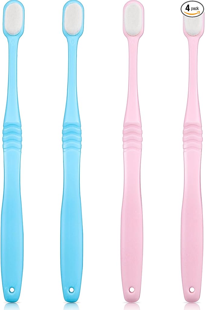 Boao 4 Pieces Extra Soft Toothbrushes Micro Nano Manual Toothbrush for Sensitive Gums with 20,000 Extra Soft Bristles for Fragile Gums Adult Kid Children (Blue, Pink)