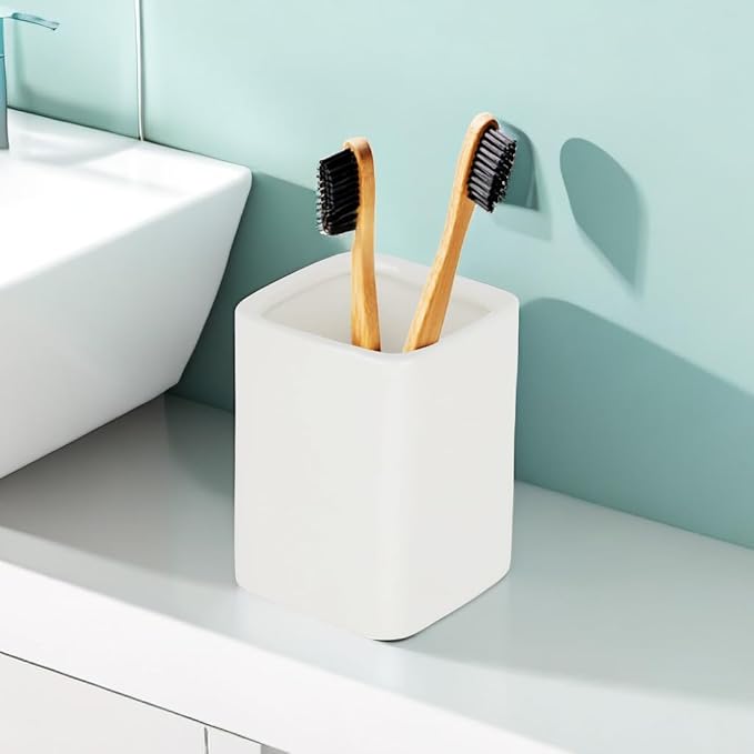Ceramic Square Toothbrush Cup – Durable & Colorfast Toothbrush Holder for Bathroom, Hotel & Office Desk Storage – Modern Bathroom Countertop Holder for Toothpaste, Razors & Daily Essentials
