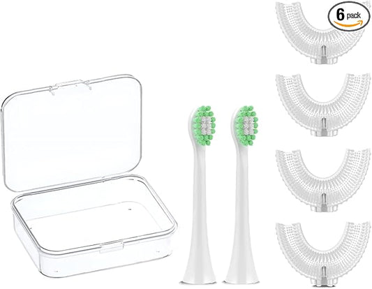 6 Pcs U Shaped Toothbrush Kids Replacement Head Set, Including 4 U Shaped Brush Heads 2 Bristle Brush Heads and 1 Storage Box (Age 2-7)