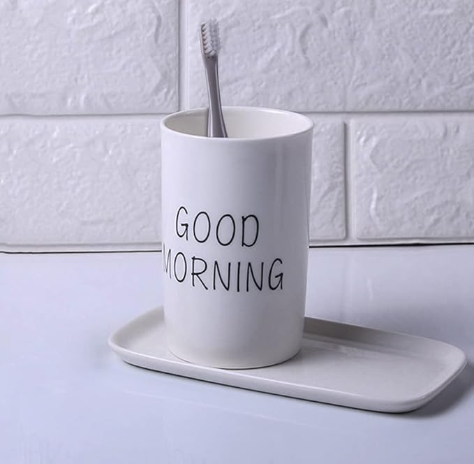 Kelake White Ceramic Tumbler for Bathroom Toothbrush, Water, Milk, Drinks - 280 ml Good Morning Cup for Couples - Christmas Birthday