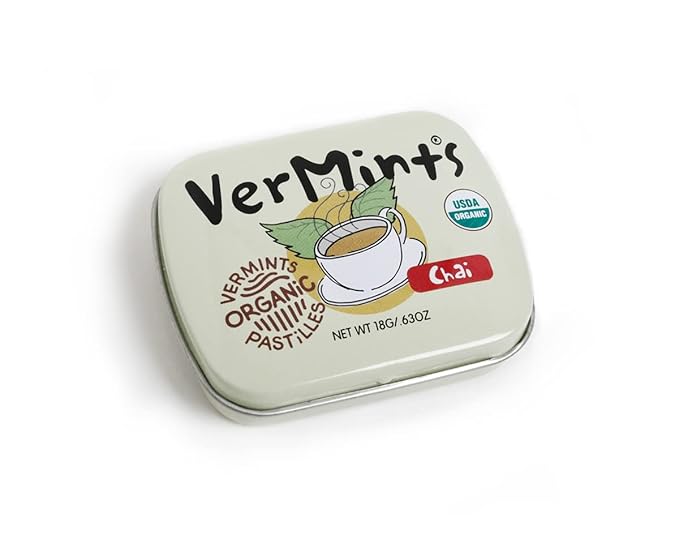 VerMints Organic Breath Mints - Real, Lasting Chai Flavored Pastilles - Breath Fresheners in Travel Mint Tins - Non-GMO, Nut Free, Gluten Free, Kosher & Vegan Candy - .63oz/18g (Pack of 12)