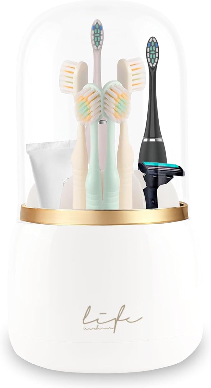Toothbrush Holders for Bathrooms, 360° Rotating with Cover and Draining Water,Tooth Brush Toothpaste Holder Bathroom Counter Stand Sink Organizer Caddy for Vanity Makeup Brushes Holder