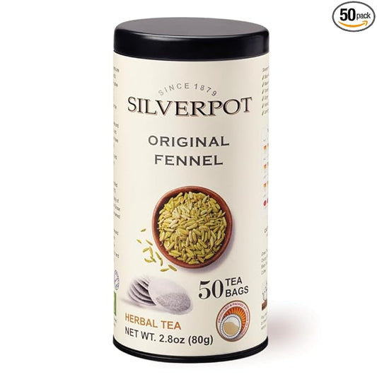 Silverpot Original Fennel Tea - 50 Round Tea Bags | Fennel Seeds | Caffeine Free, 100% Natural | Reusable Tin