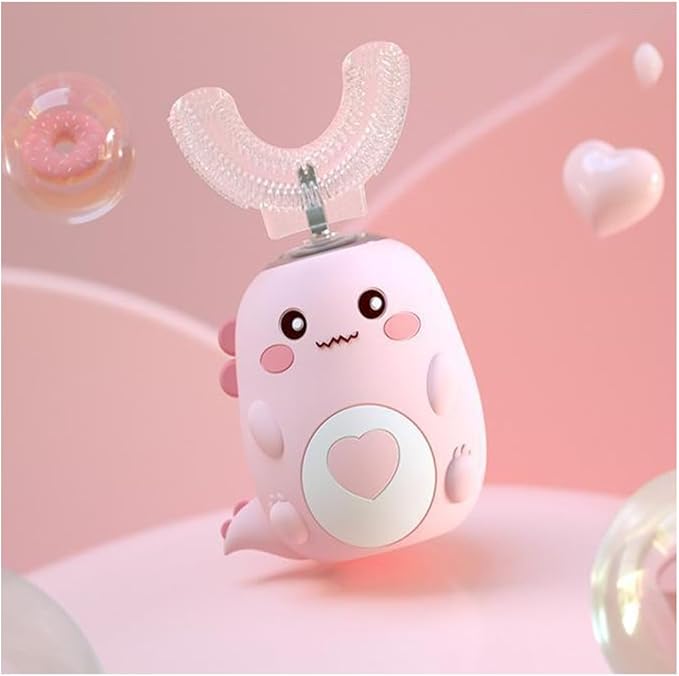 Kids Automatic U-Shaped Toothbrush, 360º Toothbrush Rechargeable Auto U-Shaped Electric Toothbrush with Led Light, 5 Modes & Smart Timer Gentle Waterproof and Cartoon Dragon Design (Pink*1)