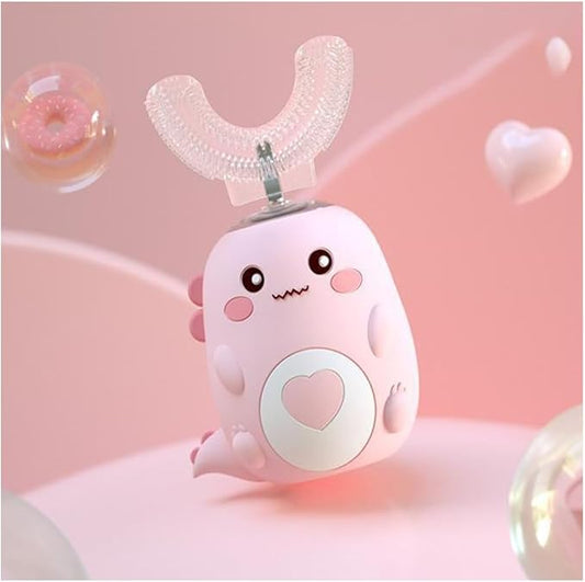 Kids Automatic U-Shaped Toothbrush, 360º Toothbrush Rechargeable Auto U-Shaped Electric Toothbrush with Led Light, 5 Modes & Smart Timer Gentle Waterproof and Cartoon Dragon Design (Pink*1)