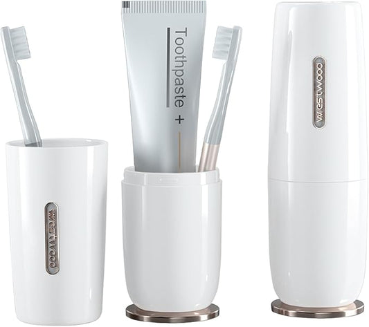 Luxury White Plastic Travel Toothbrush Holder Case with Cover, Portable Travel Toothbrush Cup, Storage Container for School Camping Business Trip Bathroom