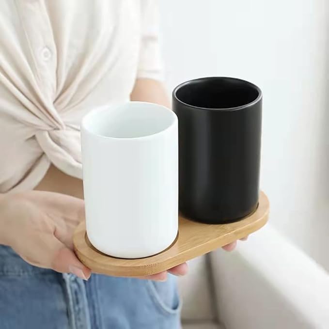 Ceramic Cup Toothbrush Holder, Makeup Brush Holder, Bathroom Organizer, Juice, Milk Cups, 2pcs (White & Black)