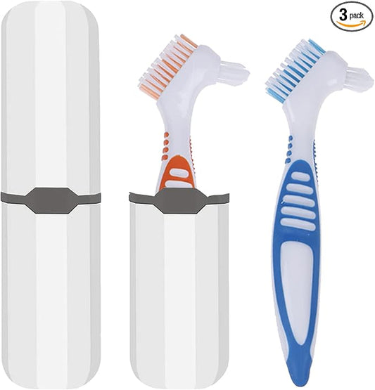 Denture Brush, 2 Pieces False Teeth Toothbrush with White Carrying Case, Orange and Blue Multi-Layered Bristles with Ergonomic Rubber Handle for Dentures Cleaning