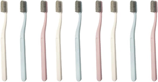 9 Pcs Adult Hard Hair Nylon Toothbrushes with Curved Handles for Teeth Cleaning Oral Care Tools in Pink Sky-Blue and Beige Colors