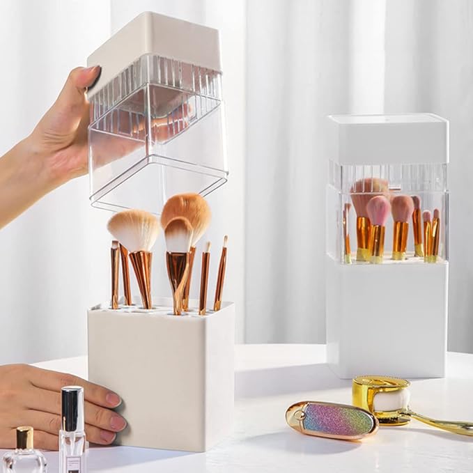 Acrylic Makeup Brush Air Drying Rack Holder - Cosmetic Brush Organizer with Lid, Waterproof Dustproof Container, 12 Holes for Different Brushes