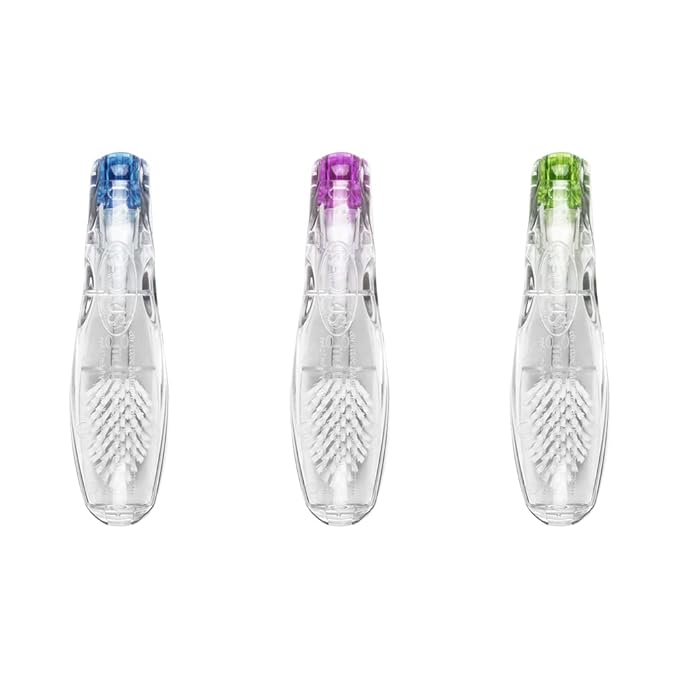 RADIUS Tour Travel Brush & Case with Replaceable Brush Head ADA Accepted Toothbrush Improve Gum Health - Purple Orange Red - Pack of 3