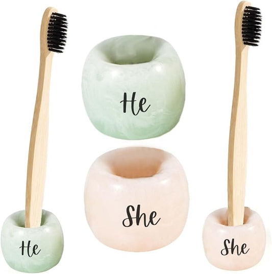Folkulture Resin Toothbrush Holders | Set of 2 (2") Tooth Brush Holder for Bathrooms | Countertop Toothbrush Holders for Couples | Sage and Brown Brush Holder for Vanity