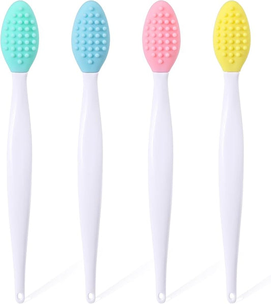 4pcs Lip Scrub Brush, Silicone Lip Exfoliator Brushes Scrubber Tool, Double-Sided Lip Cleaning Exfoliating Remove Dead Skin Tool for Men Women Dark Lips- Pink & Green & Blue & Yellow