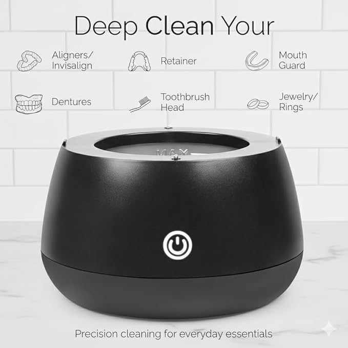 FIONA JAMES 48kHz Ultrasonic Retainer Cleaner with UV | Professional Sonic Dental Cleaning Pod for Aligner, Night Guard, Denture & Jewelry | Black