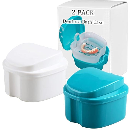 Denture Bath Box Cup, Complete Clean Care for Dentures, Clear Braces, Mouth Guard, Night Guard & Retainers,Traveling (Blue & White)