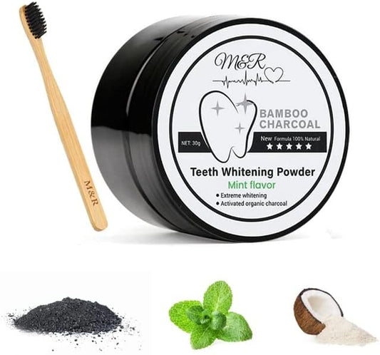 M&R New Formula More Delicate 100% Organic Activated Charcoal Teeth Whitening Powder+Bamboo Toothbrush /30g Coconut Charcoal, Effective Teeth Stain Remover and Toothpaste Alternative/Fresh Mint Taste