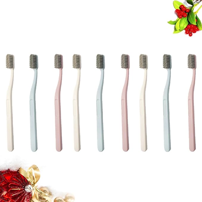 9 Pcs Hard Hair Nylon Toothbrushes for Adults Teeth Cleaning Tool with Curved Handle Multi-Color Pink Sky-Blue Beige Packaged