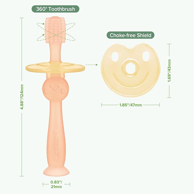 haakaa 360° Baby Toothbrush with Suction Base - Gentle Cleaning for Toddler's Self-Brushing Training, Food-Grade Silicone, Adjustable Safety Shield - Pink (1 Piece)