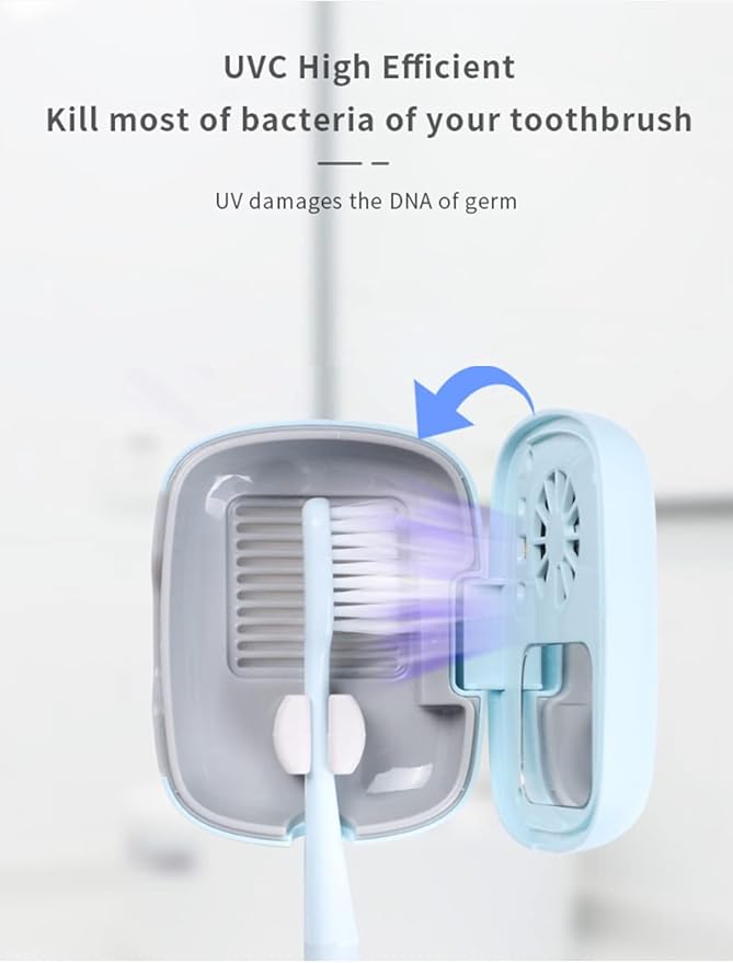 Rechargeable Mini UV Toothbrush Cover with Fan and USB Cord for Travel or Home, Long Battery Life and Improved Case Ventilation for Better Disinfection (Blue)
