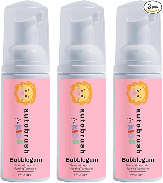 Autobrush Fluoride-Free Foaming Toothpaste for Kids, Bubblegum Flavor, Whitening & Deep Cleaning, Travel Friendly, Anti-Cavity (Pack of 3)