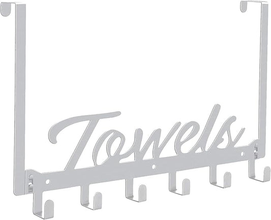 Over The Door Hooks, Towel Rack for Bathroom Towel Holder for Hanging Heavy Duty, Wall Mount Towel Hanger with 6 Hooks for Bedroom Bathroom Kitchen Towels, Bag, Coats, Hats - Silver