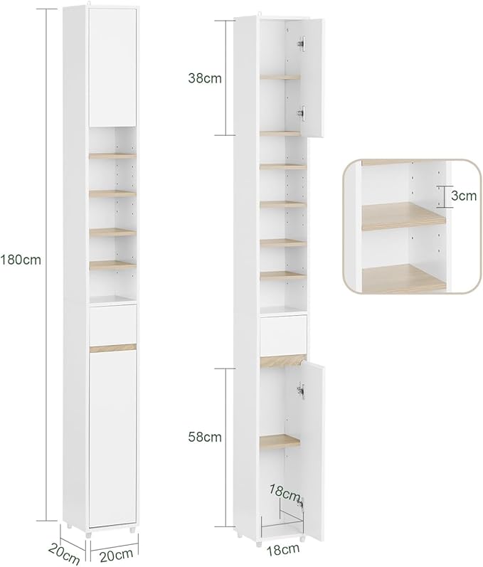 SoBuy Bathroom Narrow Storage Cabinet Skinny Tall Unit with Adjustable Shelves Slender Anti-Tipping Floor Standing Cupboard, White & Natural BZR34-WN