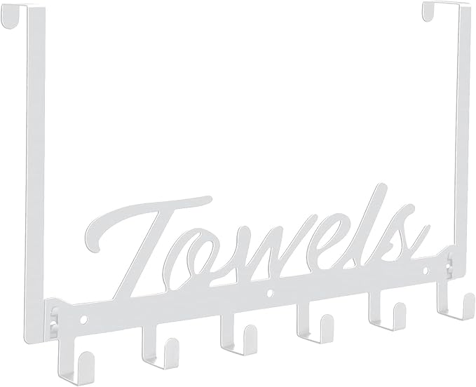 Over The Door Hooks - Wall Mount Towel Hanger with 6 Hooks for Bedroom Bathroom Kitchen Towels, Bag, Coats, Hats - White