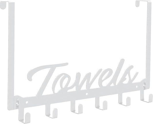 Over The Door Hooks - Wall Mount Towel Hanger with 6 Hooks for Bedroom Bathroom Kitchen Towels, Bag, Coats, Hats - White
