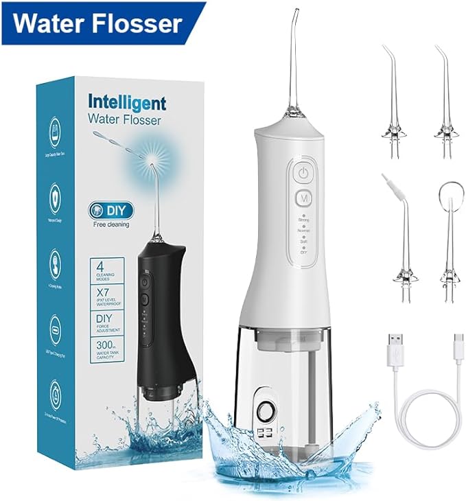 Water Flosser, Rechargeable 300ML IPX7 Waterproof Cordless Portable Oral Irrigator with 4 Modes & 4 Replaceable Jet Tips-Flossing Cleaner for Daily Home Use,Travel,Gums,Braces Care-White