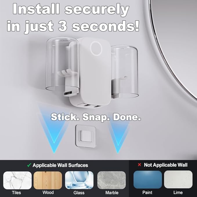 UV Toothbrush Sanitizer Holder Wall Mounted for Bathroom, UVC+UVA Light Cleaning Support with Drying Fan, 2 Toothbrush Slots, Battery Operated or USB Powered