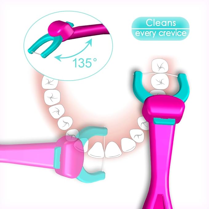 T.Smile Kids Evolutionary Clean Dental Flosser Kit, Child-Sized Handle & Refills, Fluoride Free, for Ages 3+, (Red Handle + 120 Biodegradable Refills)