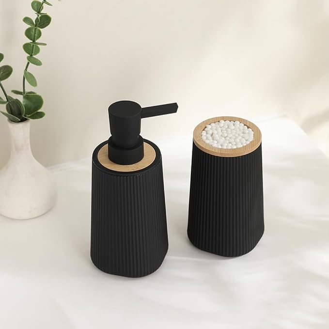Bathroom Accessories 2 Piece Soap Dispenser and Toothbrush Holder Set Striped with Bamboo Decor Black