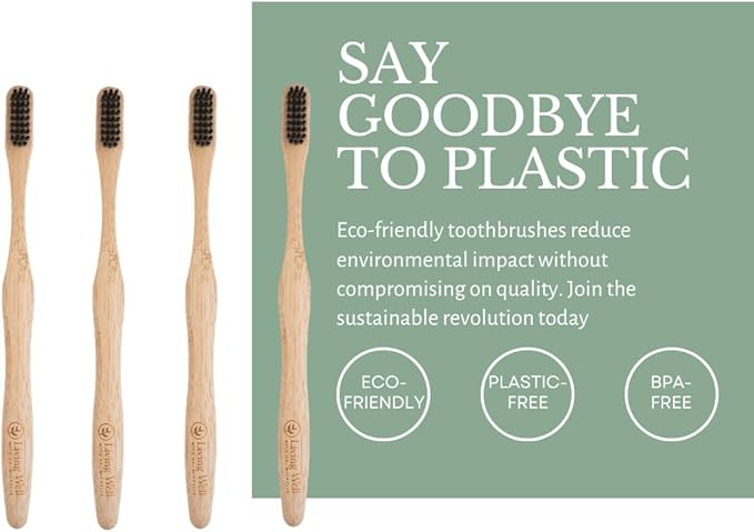 Living Well with Dr. Michelle Bamboo Toothbrushes (4 Pack) Eco-Friendly, Natural, BPA Free & Biodegradable, Infused with Charcoal, Wood Color Tooth Brushes for Adults