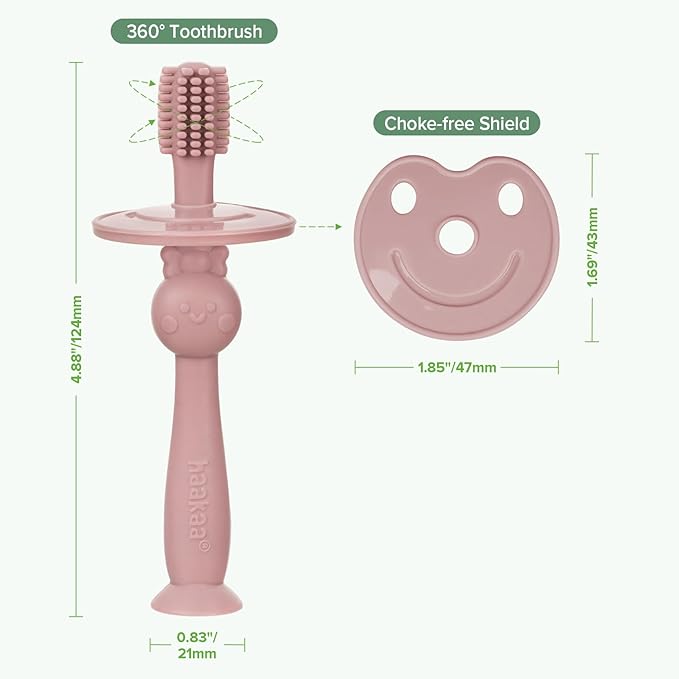 haakaa 360° Baby Toothbrush with Suction Base - Gentle Cleaning for Infant Self-Brushing Training, Food-Grade Silicone, Adjustable Safety Shield - Blush (1 Piece)