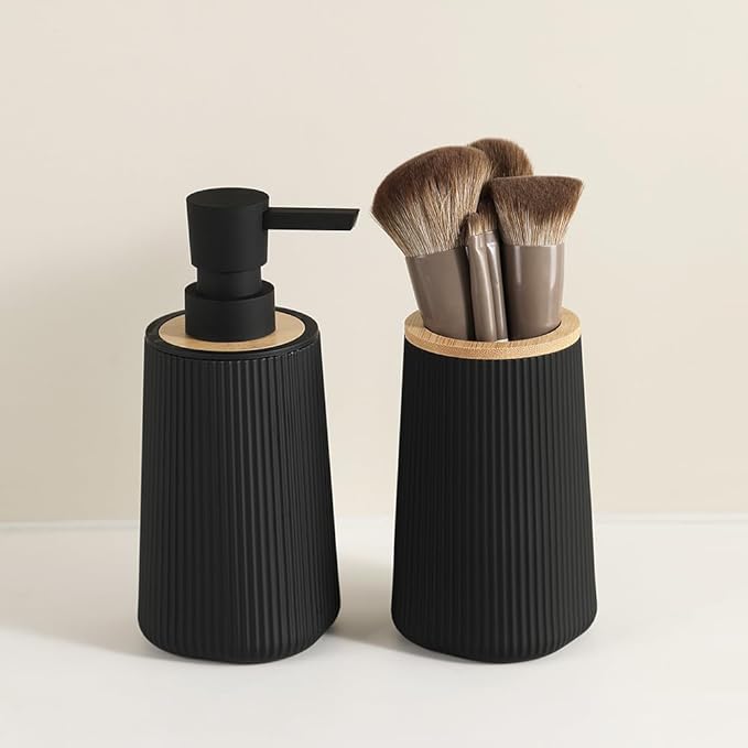 Bathroom Accessories 2 Piece Soap Dispenser and Toothbrush Holder Set Striped with Bamboo Decor Black