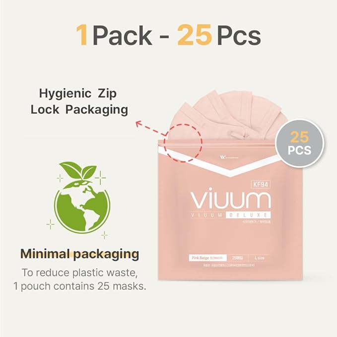HOMSSEM [25pcs] VIUUM Deluxe Korean Face Color Mask– Soft and Durable Korea Face Mask for Adults –2D 4-Layer Filter 6Color (Pink beige-Medium)