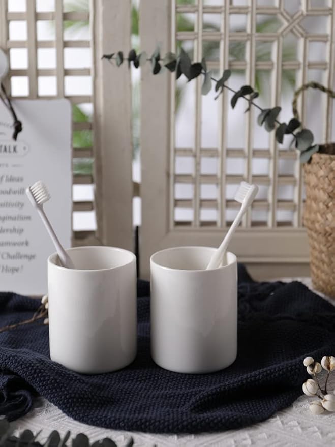 Toothbrush Holder for Men,White Ceramic Toothbrush Cup Storage on Bathroom Countertop,Sturdy and Durable,Never Fade(H 3.93'' *W 3.54''