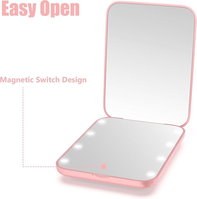 WOBSION Small Mirror with Lights,LED Compact Makeup Mirror,1x/3x Mini Travel Mirror with Magnification,Portable for Purse,Pocket,Gifts for Girls,Rose Gold