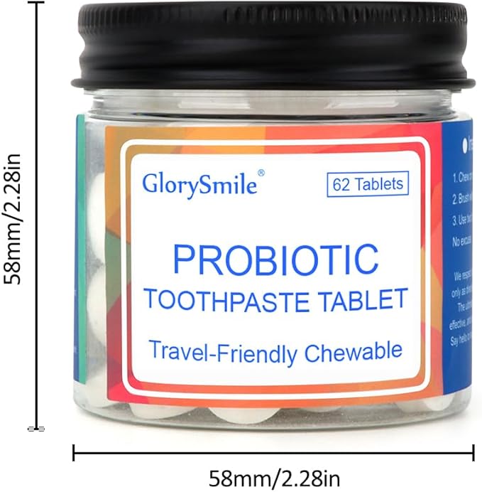 GlorySmile Toothpaste Tablets, Nano Hydroxyapatite with Probiotics, Fluoride & Plastic Free, Eco & Travel Friendly Size, Remineralizing Chewable Toothpaste Tabs - 62ct, Mint