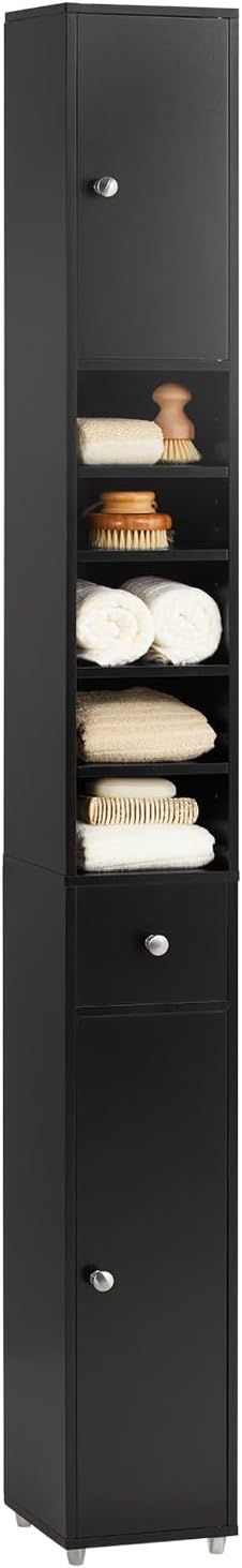 SoBuy Narrow Bathroom Storage Cabinet, Tall Slim Bathroom Organizers and Storage for Small Spaces, Freestanding Skinny Cabinet with Doors and Shelves for Tight Corners, Black BZR34-SCH