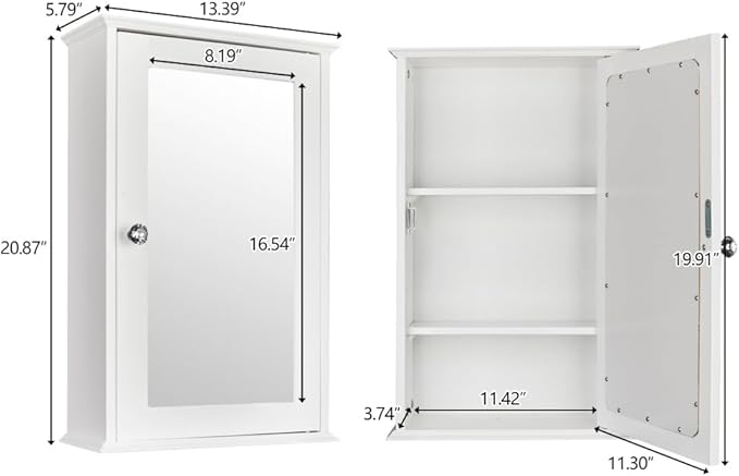 Bonnlo Bathroom Cabinet Wall Mount Mirrored Medicine Cabinet Storage Organizer with Single Door and 2 Adjustable Shelves White